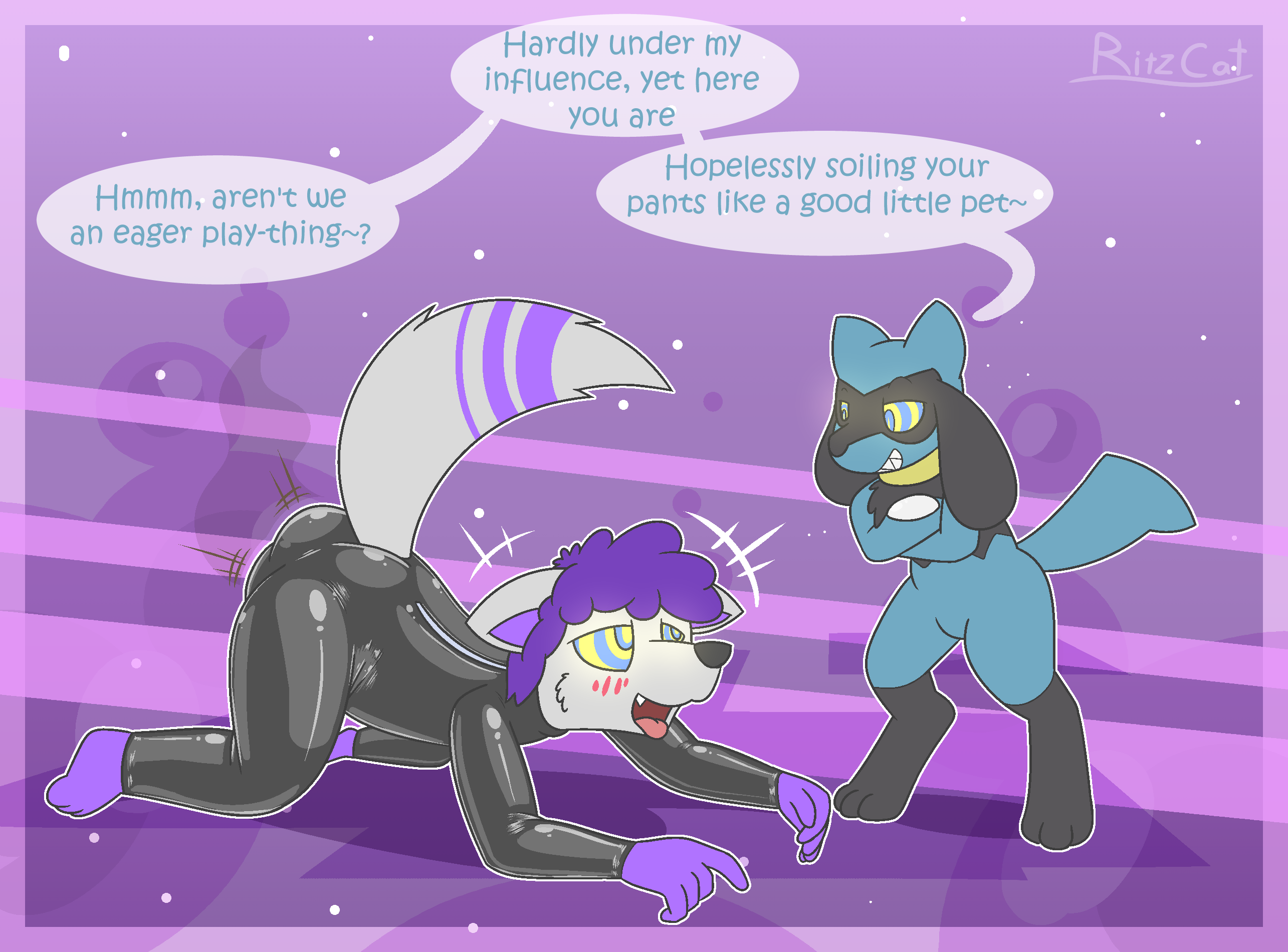 Rule 34 Dev - general:[anthro clothing dialogue dominant  dominant_male duo feces happy hypnosis hypnotic_eyes latex  latex_clothing latex_skinsuit male malemale mind_control  pooping ringed_eyes rubber_clothing ...