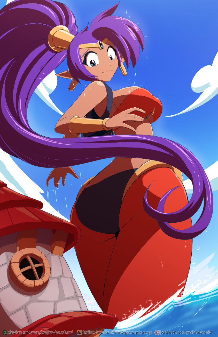 biped blue_eyes breasts building clothing cloud dark_body dark_skin ear_piercing ear_ring female hair house humanoid_pointy_ears long_hair looking_at_viewer looking_back looking_back_at_viewer macro not_furry partially_submerged piercing pointy_ears ponytail purple_hair ring_piercing solo text water wet kojiro-brushard shantae_(series) wayforward shantae genie human humanoid hybrid mammal 2019 digital_media_(artwork) hi_res url