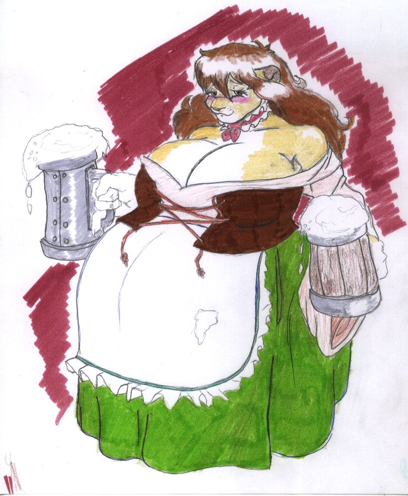 alcohol anthro barmaid beer beer_mug belly beverage big_belly big_breasts blush breasts brown_hair clothed clothing container corset cup female hair holding_container holding_cup holding_mug holding_object huge_breasts lingerie mug pregnant solo stein topwear danellz kathy_(danellz) felid lion mammal pantherine 2007 traditional_media_(artwork)