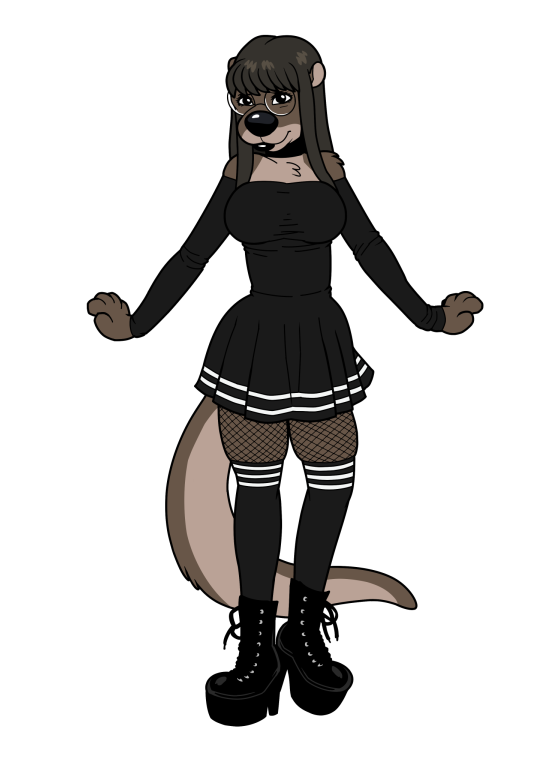 aglet anthro big_breasts big_nose black_boots black_clothing black_dress black_footwear black_lips black_nose black_sleeves black_socks boots breasts brown_body brown_fur brown_hair choker clothing collar dress eyelashes eyewear female fishnet_clothing fishnet_legwear footwear fur glasses glistening glistening_hair glistening_lips glistening_nose hair half-closed_eyes high_heeled_boots high_heels jewelry legwear lips long_hair long_tail narrowed_eyes necklace pattern_clothing pattern_dress pattern_footwear pattern_legwear pattern_socks philtrum round_glasses shoelaces shoes simple_background socks solo striped_clothing striped_dress striped_footwear striped_socks stripes tail thick_lips white_background blackshirtboy otter_(blackshirtboy) mammal mustelid otter 2017