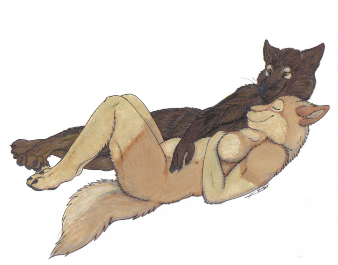 anthro breasts cuddling duo eyes_closed female lying male male/female nude on_back romantic romantic_couple simple_background tail white_background kairithekat canid canine canis mammal wolf