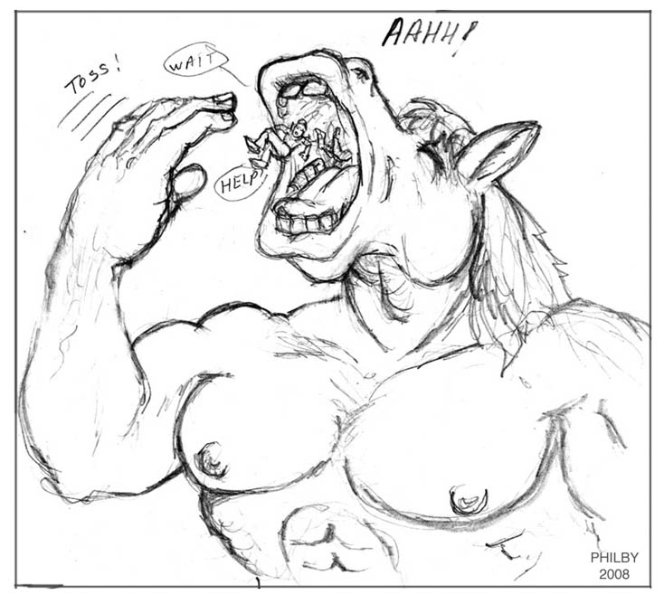 abs anthro border calling_for_help eyes_closed forced group macro male mane micro muscular nipples nude_male open_mouth oral_vore teeth text toss tossing unwilling_prey vore white_border willing_pred gianttoby elf equid equine horse mammal 2008 artist_name monochrome signature