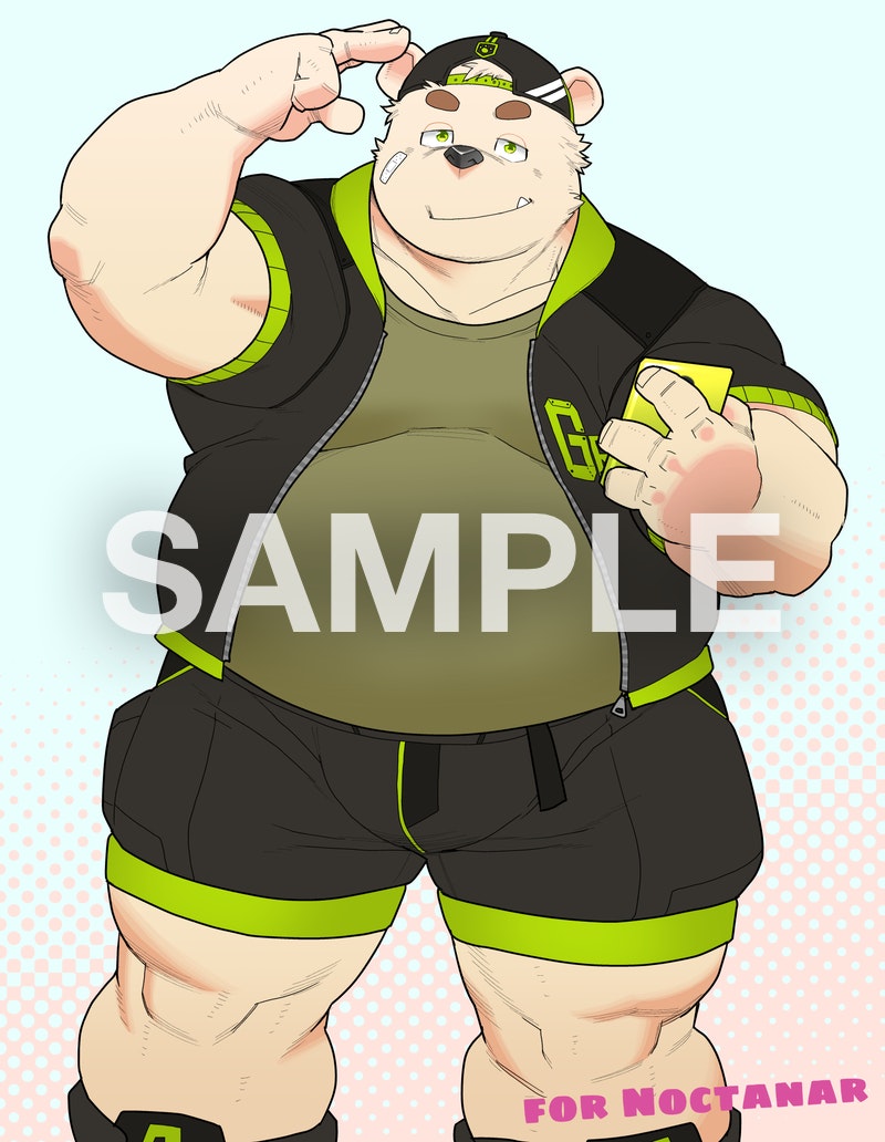 anthro belly black_nose bottomwear bulge clothing cute_fangs electronics fangs hat headgear headwear kemono male overweight overweight_anthro overweight_male phone sample shirt shorts solo teeth topwear kira_nerisu grandoroff bear mammal polar_bear ursine 2020 distracting_watermark watermark