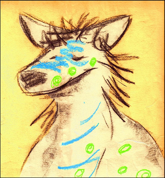 ambiguous_gender anthro border eyes_closed fur patterns simple_background smile solo yellow_background bd canid canine mammal archived_source chalk_(artwork) pastel_(artwork) traditional_media_(artwork)