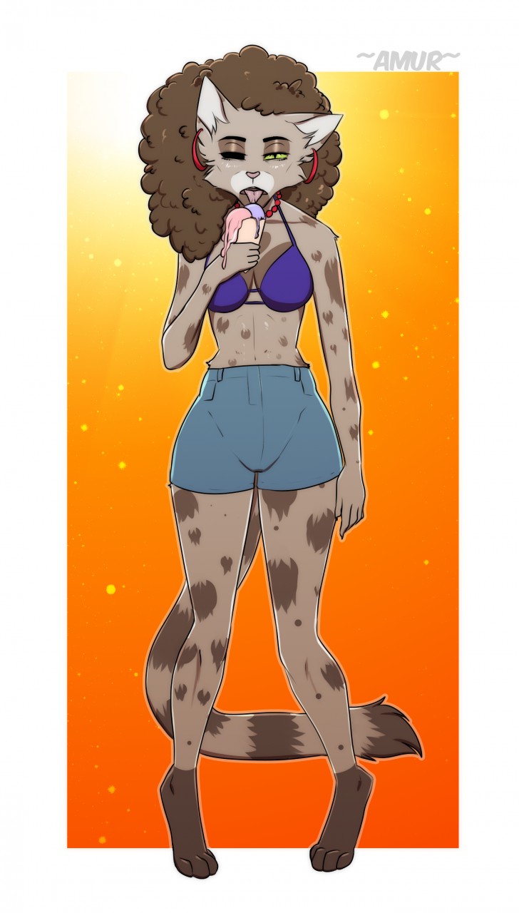 anthro clothed clothing dessert female food ice_cream one_eye_closed solo standing tongue tongue_out wide_hips amur felid feline mammal hi_res