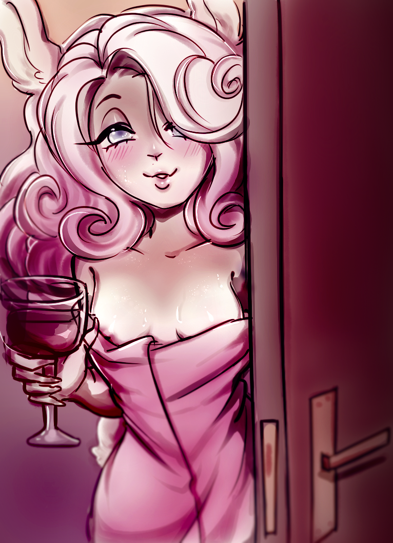 alcohol anthro beverage blush blush_lines breasts container cup door drinking_glass female glass glass_container glass_cup inviting lips looking_at_viewer nipple_slip nipples one_eye_obstructed opening_door outline small_breasts smile smiling_at_viewer solo thick_bottom_lip tipsy towel towel_only wet wet_body wine wine_glass birthnight chanelle_vanille_dupont lagomorph leporid mammal rabbit