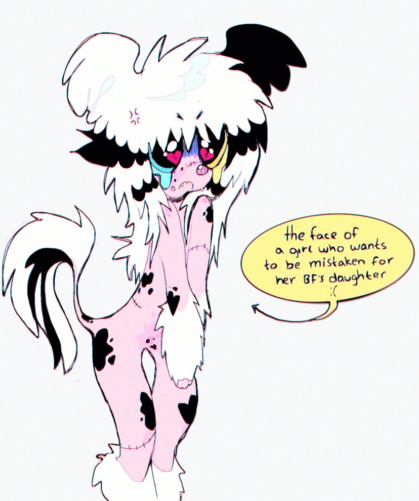 :c alternative_fashion ambiguous_gender anthro coontail_hair fur glamfur hair hairless pink_body pink_fur sad scene_(fashion) scene_haircut solo text white_hair fr34kpet canid canine canis chinese_crested_dog domestic_dog hairless_dog mammal toy_dog english_text