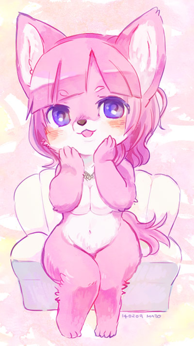 anthro biped blush female fur hair kemono nude open_mouth pink_body pink_fur pink_hair purple_eyes simple_background sitting solo mabo_(artist) canid canine canis domestic_dog mammal