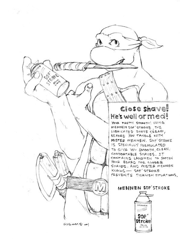 advertisement anthro holding_knife holding_object kerchief knife male mennen object_in_mouth open_mouth open_smile shaving_cream smile solo teeth_showing text artdecade teenage_mutant_ninja_turtles michelangelo_(tmnt) black_and_white english_text half-length_portrait monochrome portrait