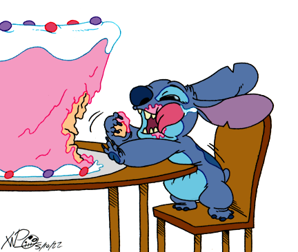 anthro blue_body blue_fur blue_nose cake dessert eating food fur male solo stuffing xanderdwulfe disney lilo_and_stitch stitch_(lilo_and_stitch) alien experiment_(lilo_and_stitch) low_res