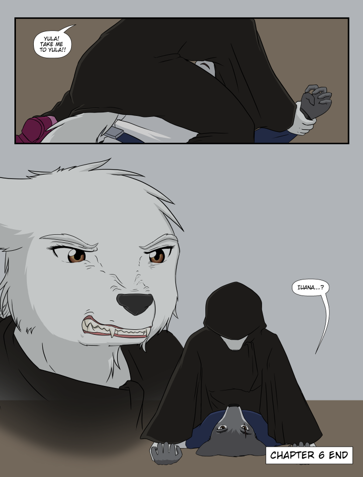 anthro brown_eyes claws cloak clothed clothing dialogue duo fangs female fur grey_body grey_fur male scar teeth text white_body white_fur kurapika raven_wolf iuana_(raven_wolf) teddy_conner canid canine canis mammal wolf comic english_text