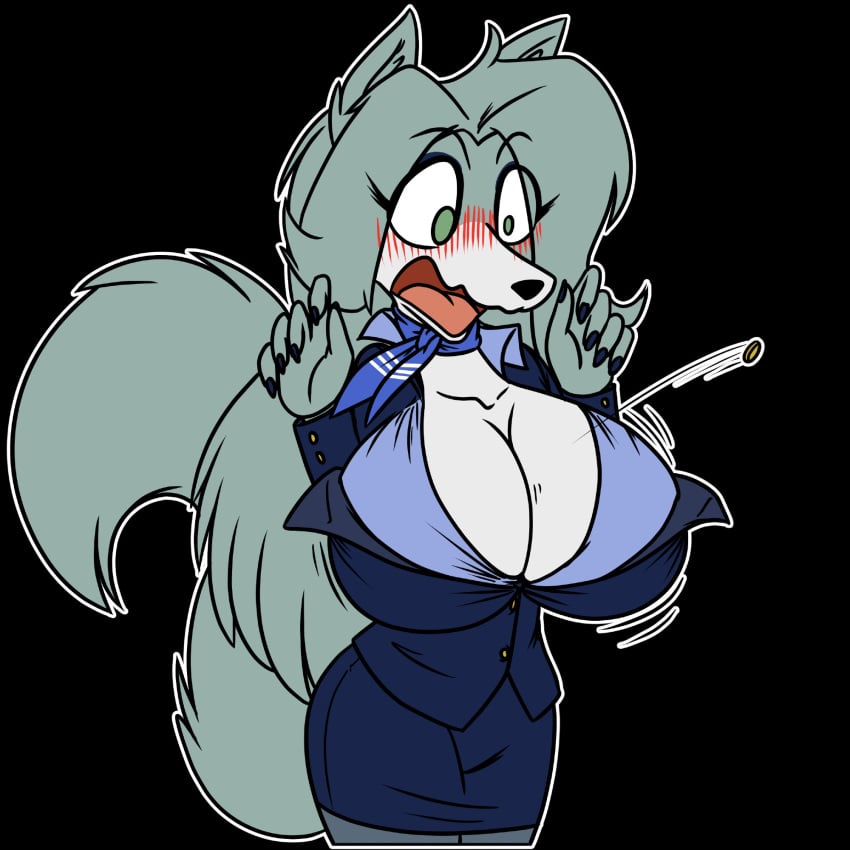 anthro big_breasts biped black_nails blue_bottomwear blue_clothing blue_neckwear blue_outerwear blue_skirt blue_topwear bottomwear breasts button_(fastener) button_pop cleavage clothed clothed_anthro clothed_female clothing colored_nails eyebrows female female_anthro fur green_eyes grey_body grey_ears grey_hair hair hands_up huge_breasts nails open_mouth outline shocked simple_background skirt solo standing tail thick_thighs three-quarter_view tongue topwear wardrobe_malfunction white_body wide_hips whitephoenix52 harriet_(harry_amoros) 1:1 digital_drawing_(artwork) digital_media_(artwork) flat_colors portrait three-quarter_portrait