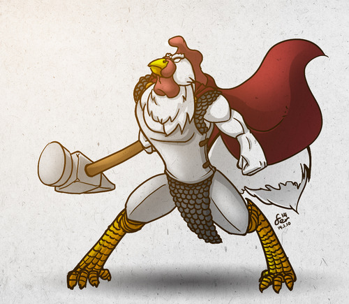 abstract_background anthro armor beak cape clothing hammer male muscular muscular_anthro muscular_male simple_background solo tools weapon feretta tumblr mayor_cock avian bird chicken galliform gallus_(genus) phasianid digital_media_(artwork) low_res shaded