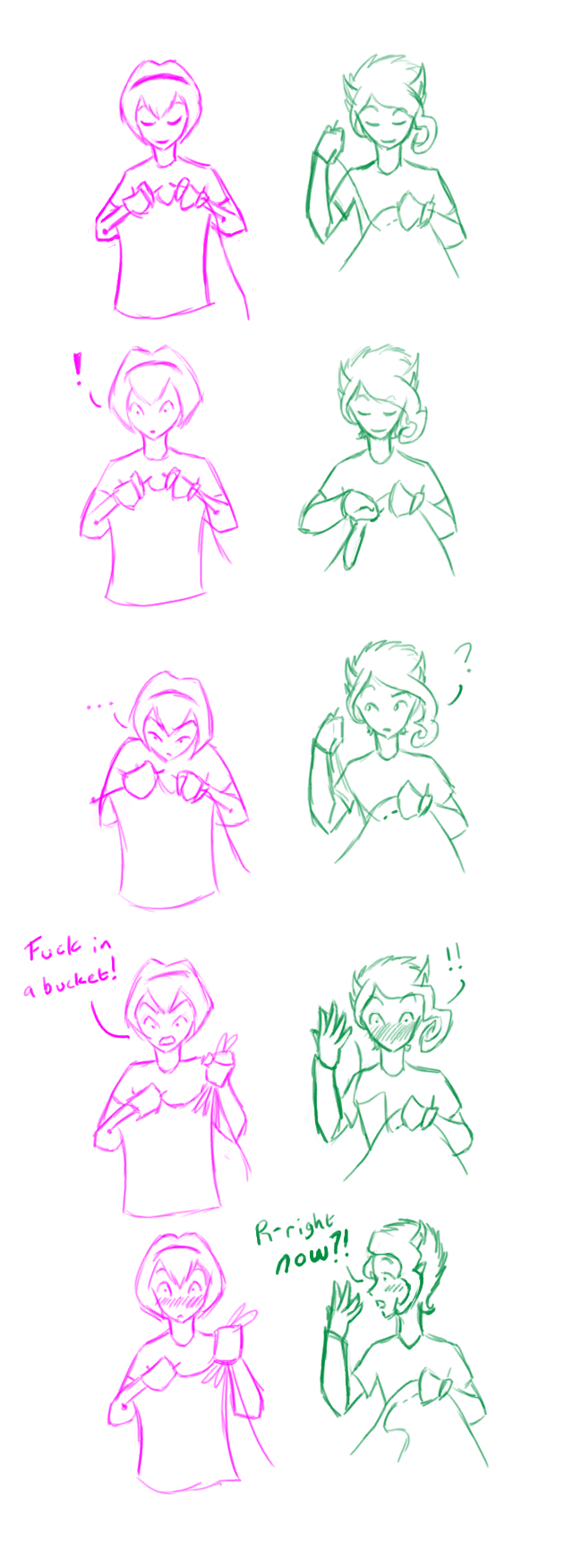 blush duo exclamation_point female female/female horn humor knitting_needle not_furry question_mark text unknown_artist homestuck ms_paint_adventures kanaya_maryam rose_lalonde alien alien_humanoid horned_humanoid human humanoid mammal troll_(homestuck) hi_res