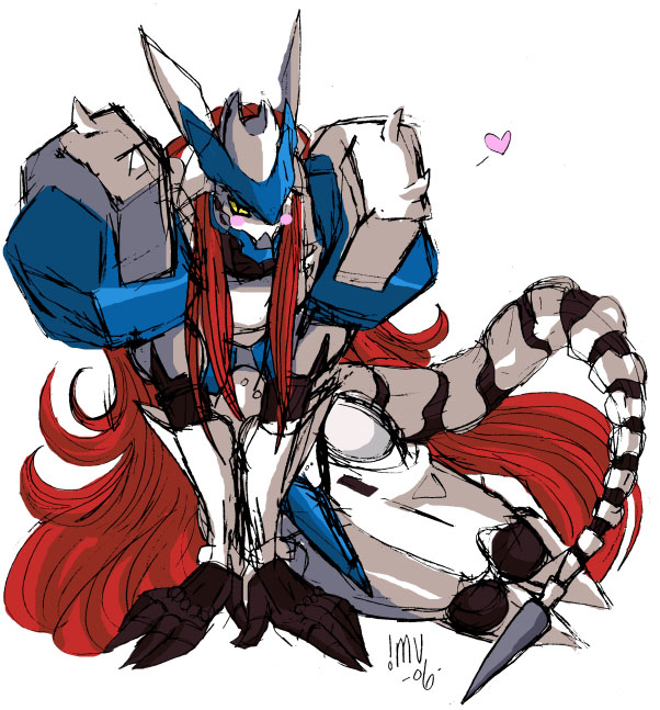 armor blush cybernetics female hair heart_symbol long_hair machine pose red_hair simple_background solo tail white_background yellow_eyes mu_(deviantart) arc_system_works guilty_gear justice_(guilty_gear) cyborg gear_(guilty_gear)