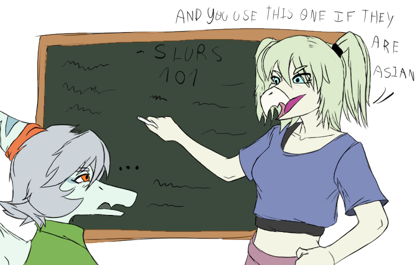 anthro chalk chalkboard dialogue duo ellipsis eyelashes female green_hair grey_body grey_hair grey_scales hair open_mouth scales short_hair simple_background snout teal_eyes text twintails_(hairstyle) prometheuzone cavemanon_studios snoot_game amber_(snoot_game) cynthia_(snoot_game) dinosaur ornithischian prehistoric_species pterodactylus pterosaur reptile scalie stegosaurian stegosaurus thyreophoran 2024 digital_drawing_(artwork) digital_media_(artwork) english_text