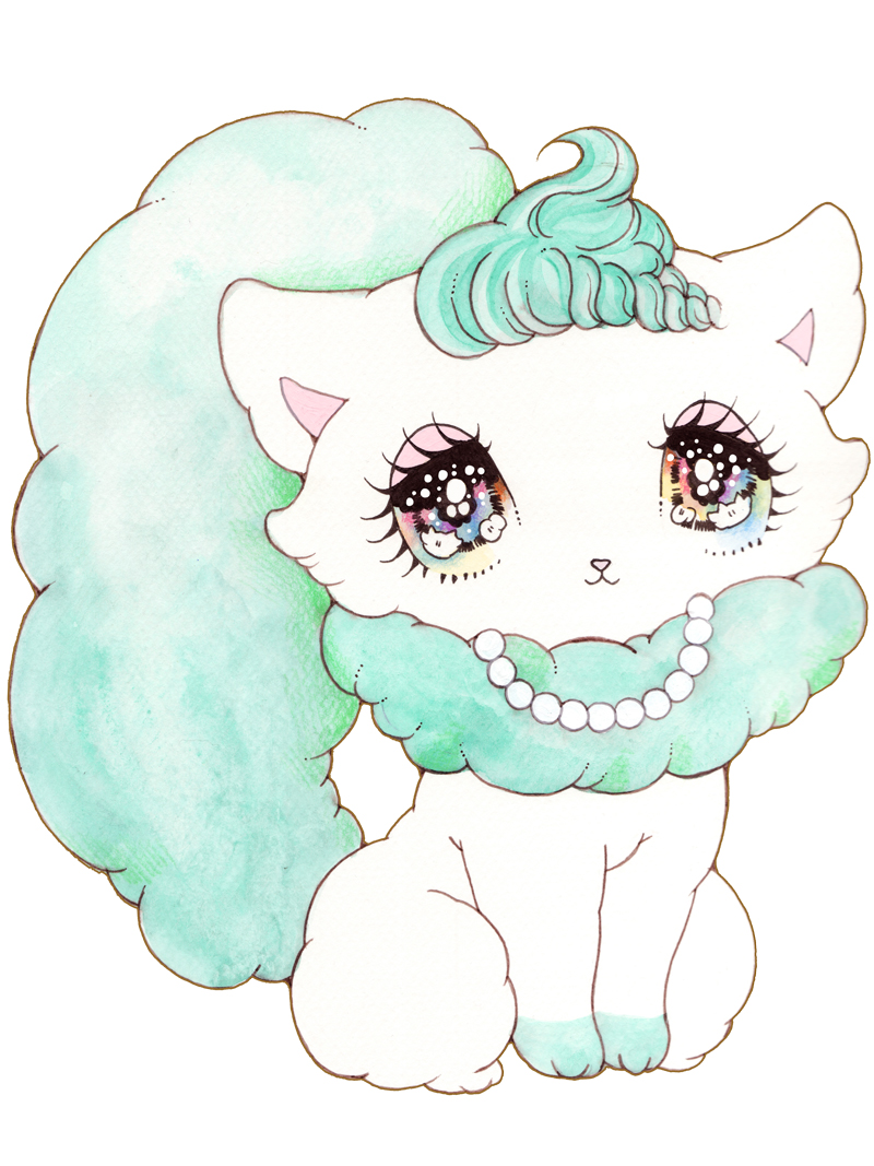 :3 ambiguous_gender big_eyes droopy_eyes eyelashes feral fluffy fluffy_tail fur fur_markings gem green_markings jewelry kemono markings multicolored_eyes neck_tuft necklace paws pearl_(gem) pearl_necklace pointy_ears prick_ears rainbow_eyes smile solo tail tuft white_body white_fur yurie_sekiya domestic_cat felid feline felis mammal painting_(artwork) traditional_media_(artwork) traditional_painting_(artwork) traditional_watercolor_(artwork) watercolor_(artwork)