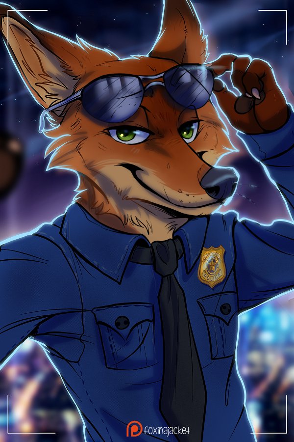 anthro badge clothed clothing eyewear fur green_eyes male necktie night orange_body orange_fur police police_uniform selfie solo sunglasses uniform foxinajacket disney zootopia nick_wilde canid canine fox mammal red_fox true_fox 2:3