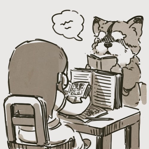 anthro beard biped book chair duo facial_hair furniture male mustache reading sitting student you_miichi nairi_(series) nairi_(character) sami_(nairi) human mammal procyonid raccoon 1:1 2021 low_res