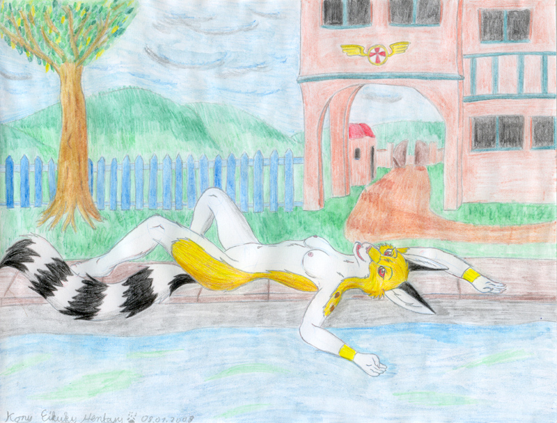 female lying markings nude on_back plant relaxing resident_fur_1503 ring_(marking) ringed_tail solo striped_markings striped_tail stripes swimming_pool tail tail_markings tree water wood konu_eikuku_hentaru felid mammal rebecca_(disambiguation)