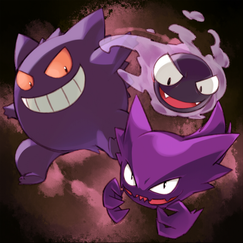 abstract_background ambiguous_gender cute_fangs evolutionary_family fangs featureless_crotch floating_hands front_view grin group looking_at_viewer not_furry open_mouth open_smile orange_sclera plantigrade pupils purple_body simple_background slit_pupils smile teeth cotora nintendo pokemon gastly generation_1_pokemon gengar ghost haunter humanoid pokemon_(species) sphere_creature spirit 1:1 full-length_portrait portrait