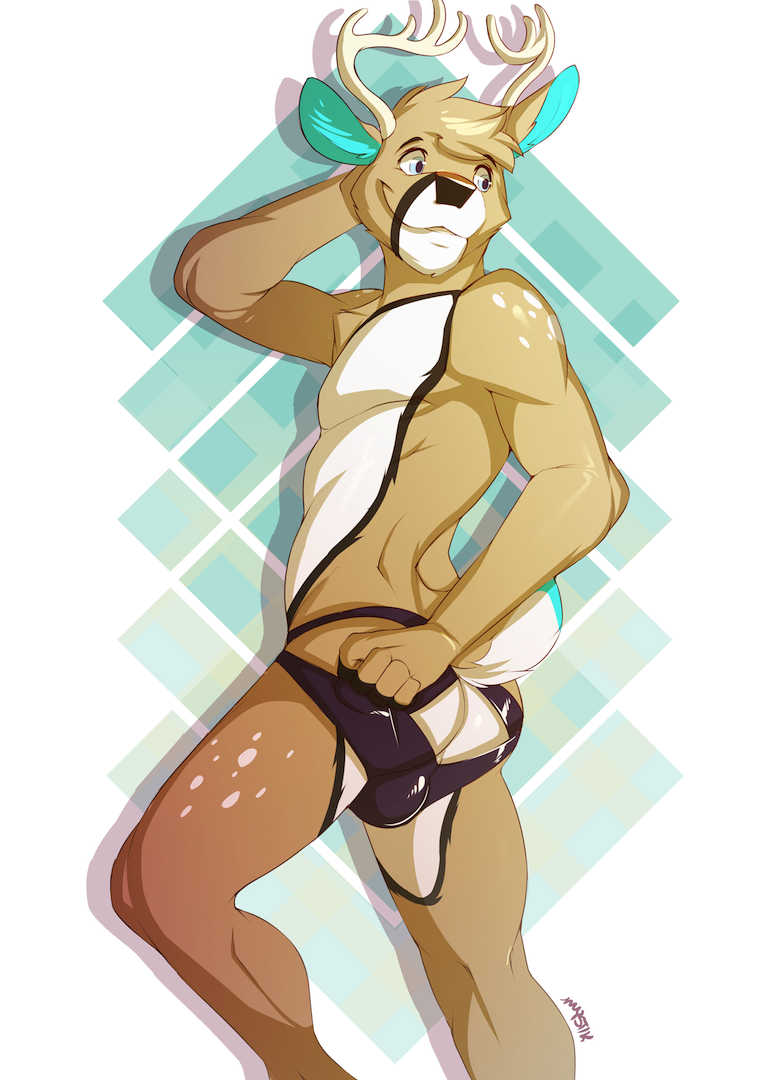 anthro antlers blue_ears bulge butt clothed clothing fur horn looking_back male muscular muscular_anthro muscular_male pose presenting presenting_hindquarters solo tan_body tan_fur topless underwear mystikfox61 deer mammal