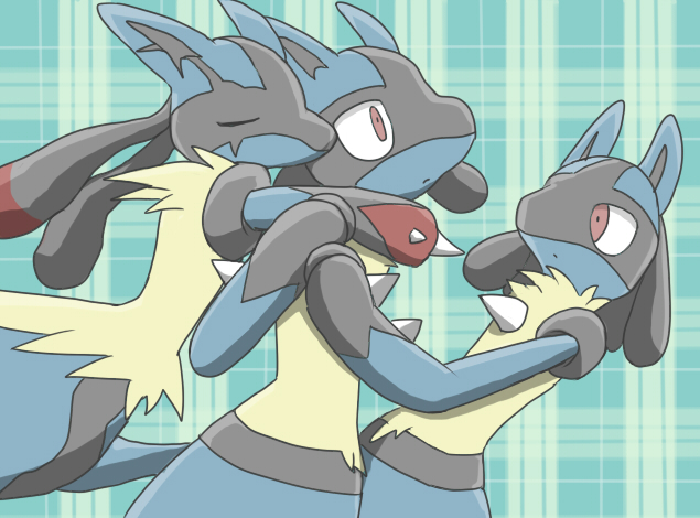 ambiguous_gender anthro black_body black_fur blue_body blue_fur fur glomp group red_eyes surprise sikai nintendo pokemon generation_4_pokemon lucario pokemon_(species)