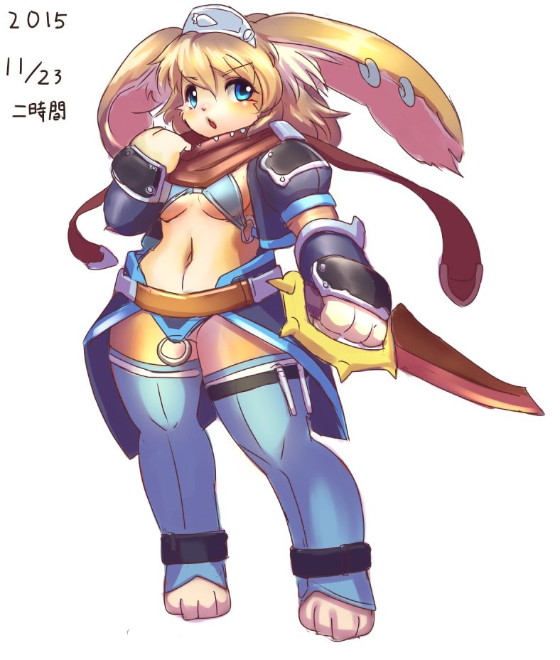 anthro armor barefoot biped breasts clothed clothing ear_piercing feet female gauntlets gloves handwear hat headgear headwear knife legwear midriff navel piercing reverse_grip scarf simple_background skimpy solo text white_background wide_hips ni_jikan lagomorph leporid mammal rabbit japanese_text signature