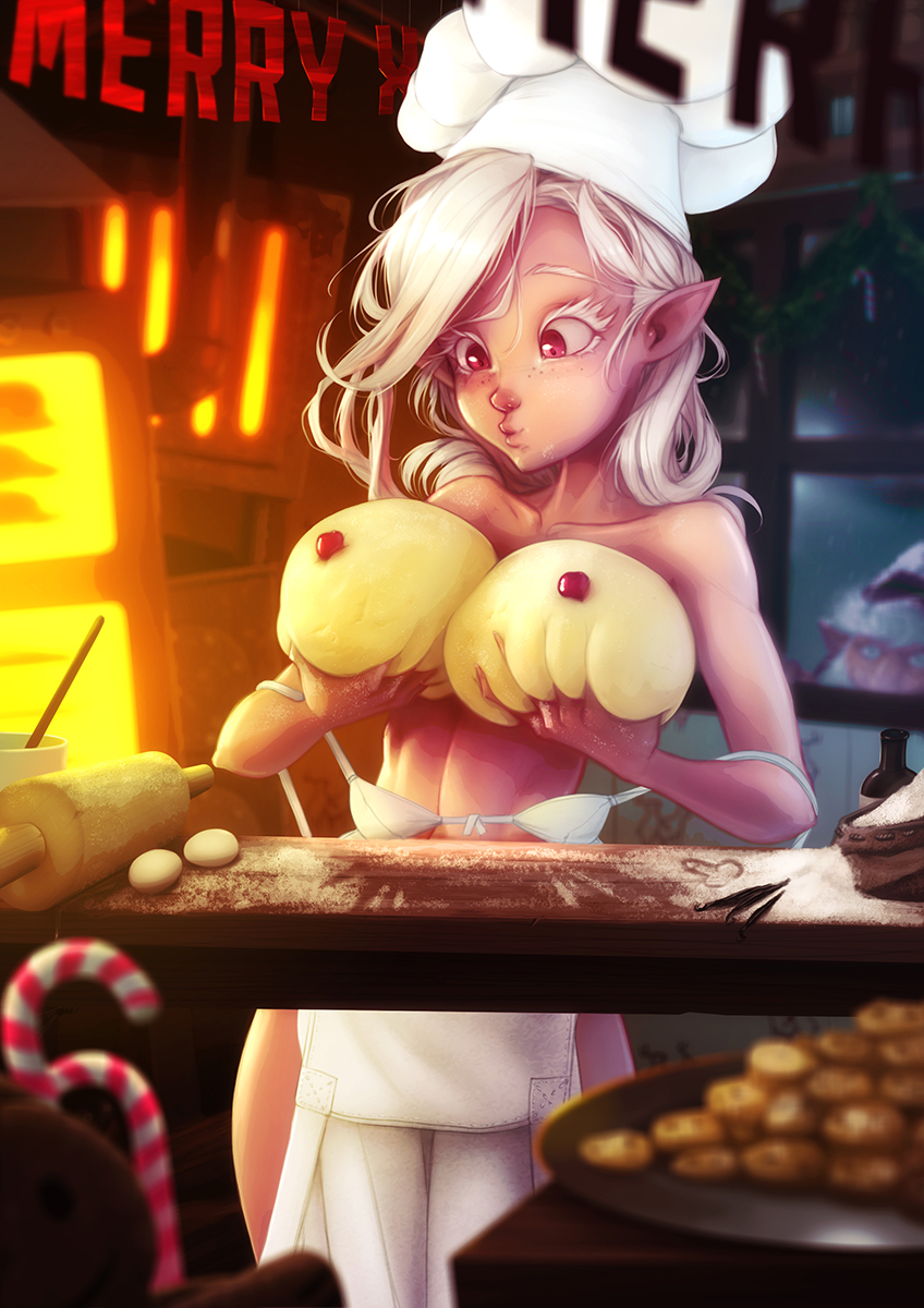 apron apron_only clothing cookie dough female food freckled_face freckles hair humanoid_pointy_ears not_furry pointy_ears red_eyes solo white_hair krakenkatz elf humanoid hi_res