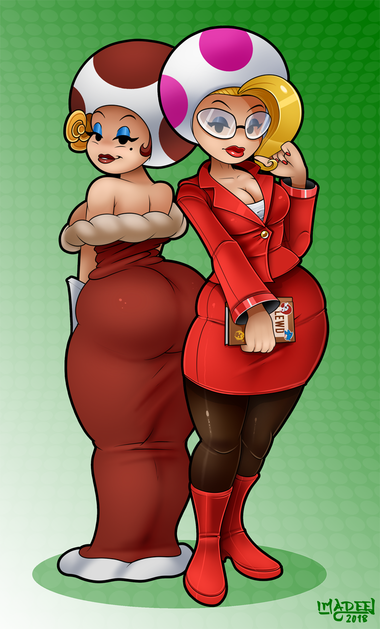 big_butt boots breasts butt cleavage clothed clothing curvy_figure dress duo eyelashes eyewear female footwear hair legwear looking_at_viewer not_furry pose secretary shoes simple_background smile standing stockings suit teasing thick_thighs voluptuous wide_hips imadeej mario_bros nintendo paper_mario jolene_(paper_mario) toodles humanoid toad_(mario) 2018 digital_media_(artwork) hi_res pinup