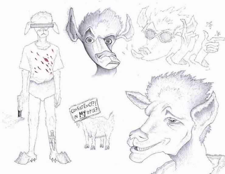 anthro clothing dagger eyewear feral looking_at_viewer male melee_weapon multiple_styles sign simple_background smile snapping_fingers solo standing sunglasses text tongue tongue_out weapon white_background bovid caprine domestic_goat goat mammal saanen_goat english_text monochrome traditional_media_(artwork)