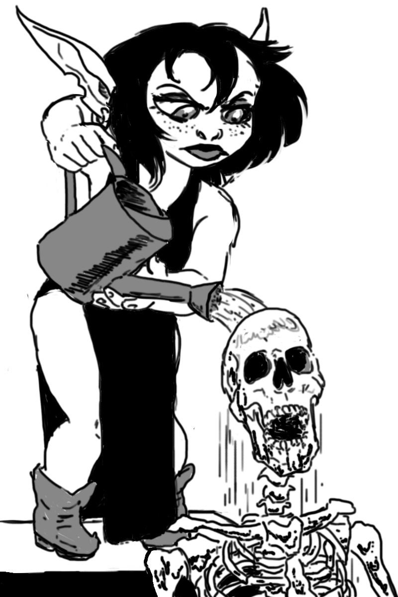 ambiguous_gender black_clothing black_dress black_hair bone clothing dress female hair long_ears magic_user necromancer rib_cage skeleton skull watering_can bunny75 goblin humanoid undead 2:3 black_and_white hi_res monochrome