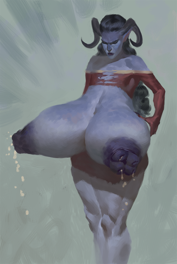 areola big_breasts bodily_fluids breasts clothing female horn huge_breasts humanoid_pointy_ears hyper hyper_breasts lactating milk multi_nipple nipples pointy_ears purple_body quad_nipples sagging_breasts solo thick_thighs torn_clothing midnight_maid horned_humanoid humanoid