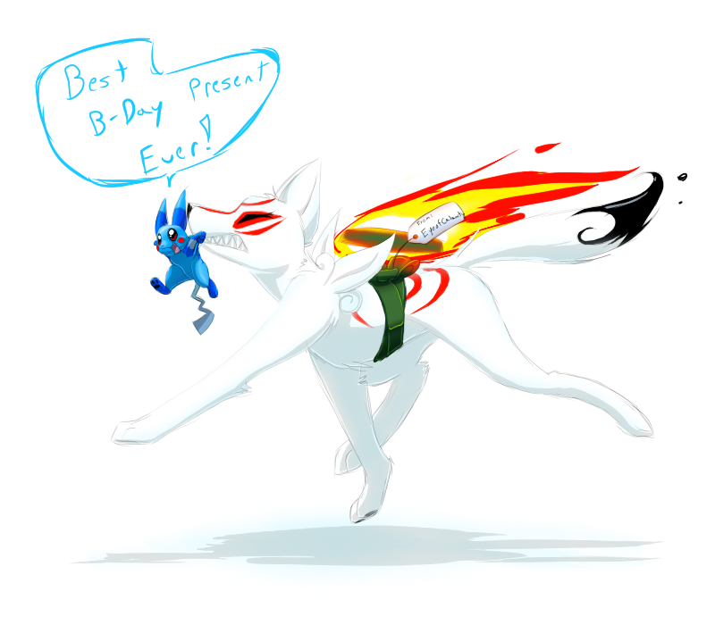 alternate_color ambiguous_gender birthday blue_body blue_fur carrying_another duo extreme_size_difference female feral fur quadruped ribbons simple_background size_difference tail teeth white_background white_body white_fur eyeofcalamity capcom clover_studio nintendo okami_(capcom) pokemon amaterasu_(okami) fan_character frost_wolf canid canine canis deity generation_1_pokemon mammal pikachu pokemon_(species) rodent wolf 2010 crossover digital_media_(artwork)