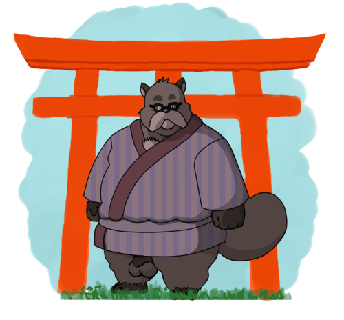 anthro balls belly clothing eyewear genitals glasses humanoid_hands male overweight overweight_anthro overweight_male penis robe solo bennybeah ghibli pom_poko kincho_daimyojin_vi canid canine mammal raccoon_dog tanuki 2009 low_res