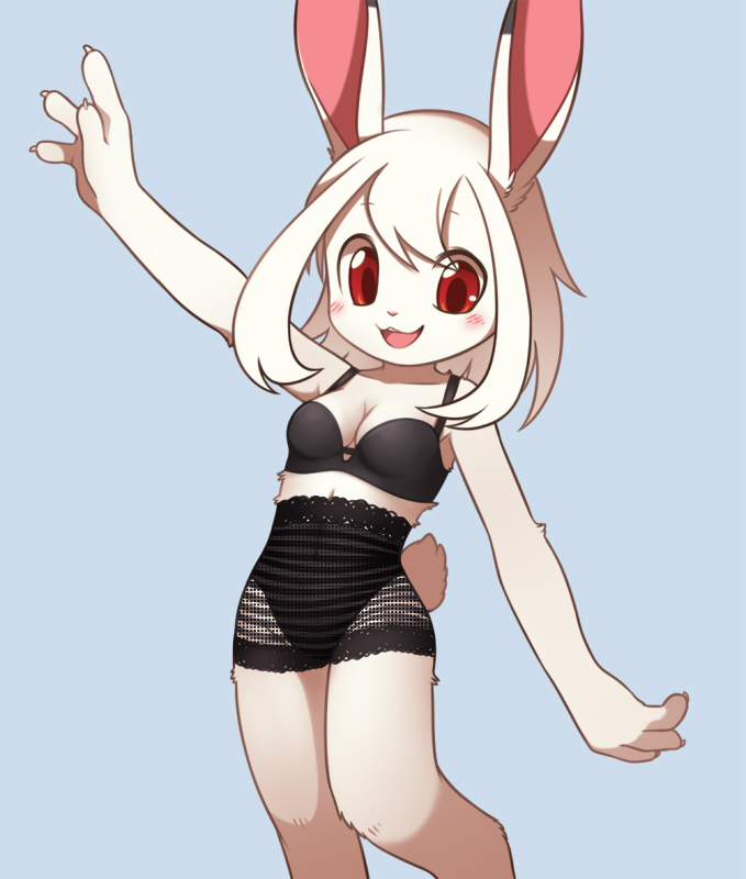 4_fingers anthro blush bra breasts clothing female fingers fur kemono looking_at_viewer navel open_mouth red_eyes simple_background smile solo standing translucent translucent_clothing underwear white_body white_fur young young_anthro unrealplace wusagi_(unrealplace) lagomorph leporid mammal rabbit