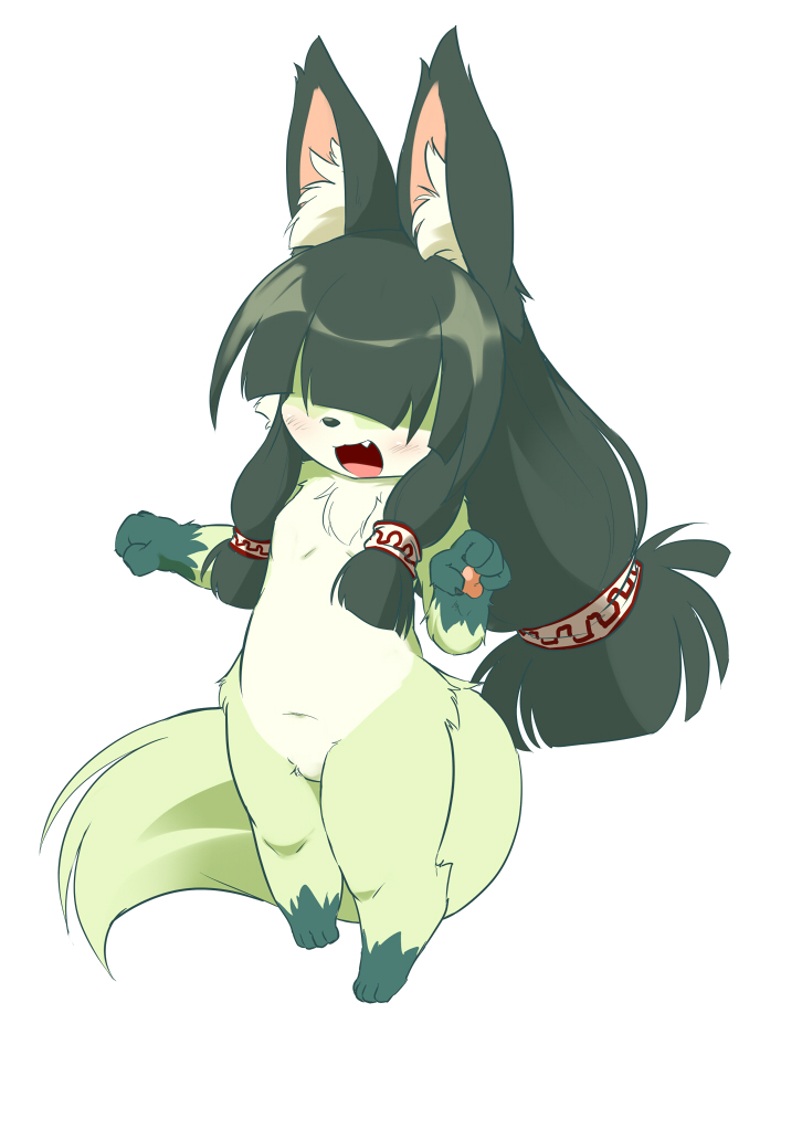 anthro black_hair chest_tuft chibi cute_fangs eye_covering fangs female fur green_body green_fur green_hair hair kemono long_hair nude open_mouth pawpads paws simple_background solo teeth tuft white_background white_inner_ear ukan_muri canid canine fox mammal