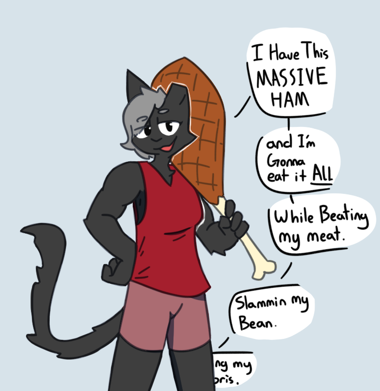 black_body black_fur bottomwear clipped_ear clothing female food fur giant_food grey_hair hair holding_food holding_object looking_at_viewer muscular shirt shorts solo speech_bubble tail tank_top text topwear shellsist domestic_cat felid feline felis mammal english_text