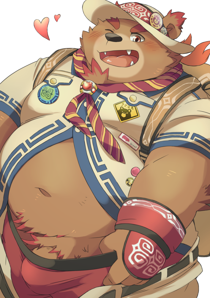 anthro belly blush bottomwear clothing genitals hat headgear headwear heart_symbol kemono male navel one_eye_closed overweight overweight_anthro overweight_male pants penis shirt solo topwear underwear wink ayame42612 lifewonders tokyo_afterschool_summoners fire_ciramantep bear mammal 2020