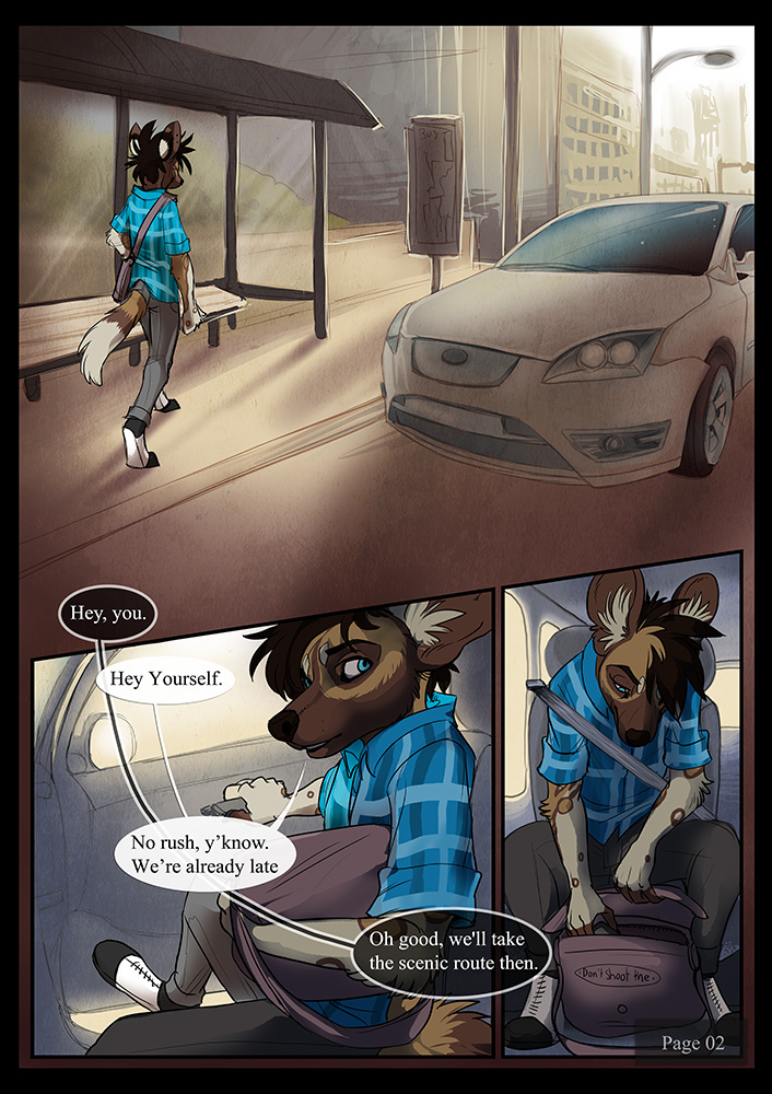 anthro bag biped black_border blue_eyes border bus_stop car city clothed clothing dialogue digitigrade fingerless_(marking) footwear fur inside_car inside_vehicle male open_mouth shoes sitting solo speech_bubble street text vehicle sayuncle james_(sayuncle) african_wild_dog canid canine mammal 2015 comic digital_media_(artwork) english_text