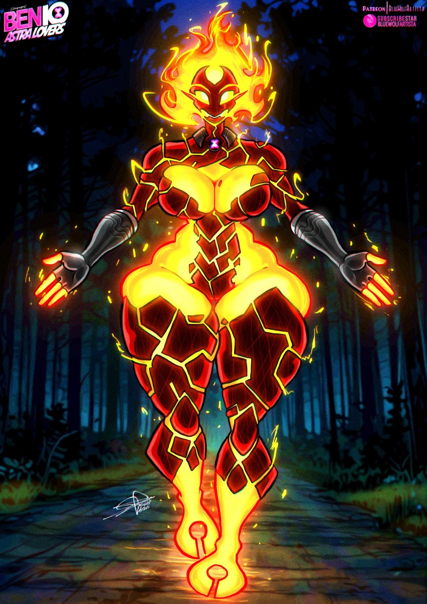 armor big_breasts breasts clothing crossgender female fire footwear gauntlets gloves hair handwear huge_breasts long_hair mature_female mtf_crossgender outside red_body shoes solo text thick_thighs yellow_body bluewolfartista ben_10 cartoon_network chaquetrix heatblast alien alien_humanoid elemental_creature elemental_humanoid fire_creature fire_humanoid humanoid pyronite hi_res