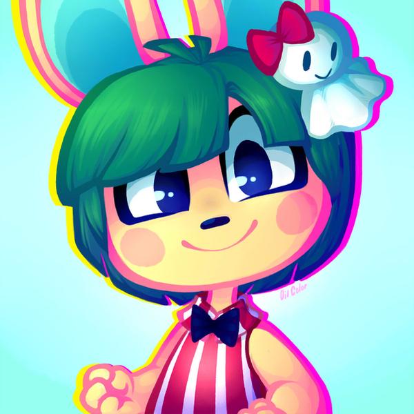 clothed clothing fur green_hair hair looking_at_viewer male smile solo yellow_body yellow_fur cinnabonne animal_crossing nintendo sanrio toby_(animal_crossing) lagomorph leporid mammal rabbit 1:1 2018