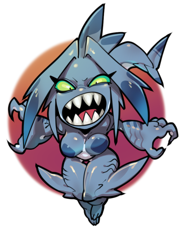 blue_body blue_hair breasts chibi claws countershading female fin gills green_eyes hair head_fin head_tail nude open_mouth sharp_teeth short_hair solo teeth tongue sidotama animal_humanoid fish fish_humanoid humanoid marine marine_humanoid shark shark_humanoid