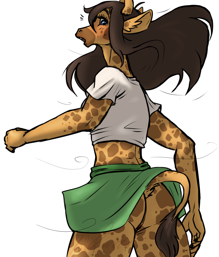 anthro anus biped blue_eyes blush bottomwear brown_hair butt clothed clothing female genitals hair looking_back midriff no_underwear open_mouth pussy shirt simple_background skirt solo topwear transparent_background upskirt walking wind queenkami crosoe_(xial) giraffe giraffid mammal alpha_channel