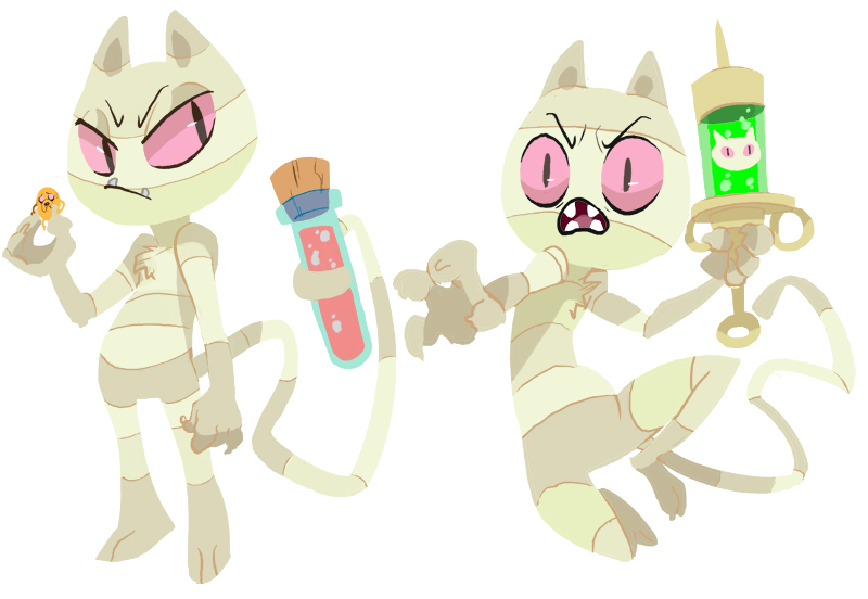 anthro claws duo female holding_object pink_eyes prehensile_tail simple_background size_difference syringe tail vial white_background hodori adventure_time cartoon_network jake_the_dog me-mow domestic_cat felid feline felis mammal