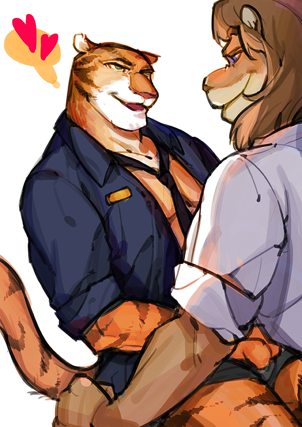 anthro briefs clothed clothing duo heart_symbol male male/male muscular open_clothing open_shirt open_topwear police shirt smile topwear underwear disney zootopia officer_delgato officer_jackson felid lion mammal pantherine tiger