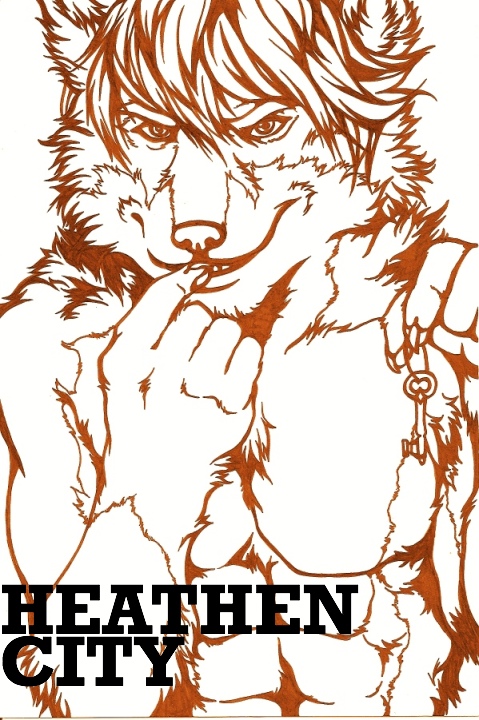 anthro black_text clothed clothing finger_on_mouth holding_key holding_object key male muscular muscular_male nude pecs simple_background smile solo text topless white_background decaf heathen_city owen_zelazny canid canine canis mammal wolf english_text monochrome