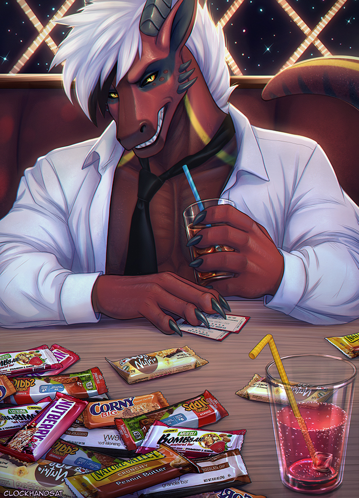 anthro beverage black_body black_claws black_hair black_horn black_inner_ear black_necktie black_scales black_sclera black_tail cheek_horn claws clear_sky facial_horn facial_markings finger_claws food glistening glistening_claws glistening_eyes granola_bar grin hair head_markings holding_glass holding_object horn inside looking_at_viewer male markings multicolored_hair muscular muscular_anthro muscular_male necktie red_body red_ears red_scales red_tail ridged_horn scales sharp_teeth sky smile solo star striped_body striped_markings striped_scales striped_tail stripes tail tail_markings teeth two_tone_hair white_hair yellow_body yellow_eyes yellow_scales yellow_tail clockhands mythology gariyuu dragon mythological_creature mythological_scalie scalie artist_name