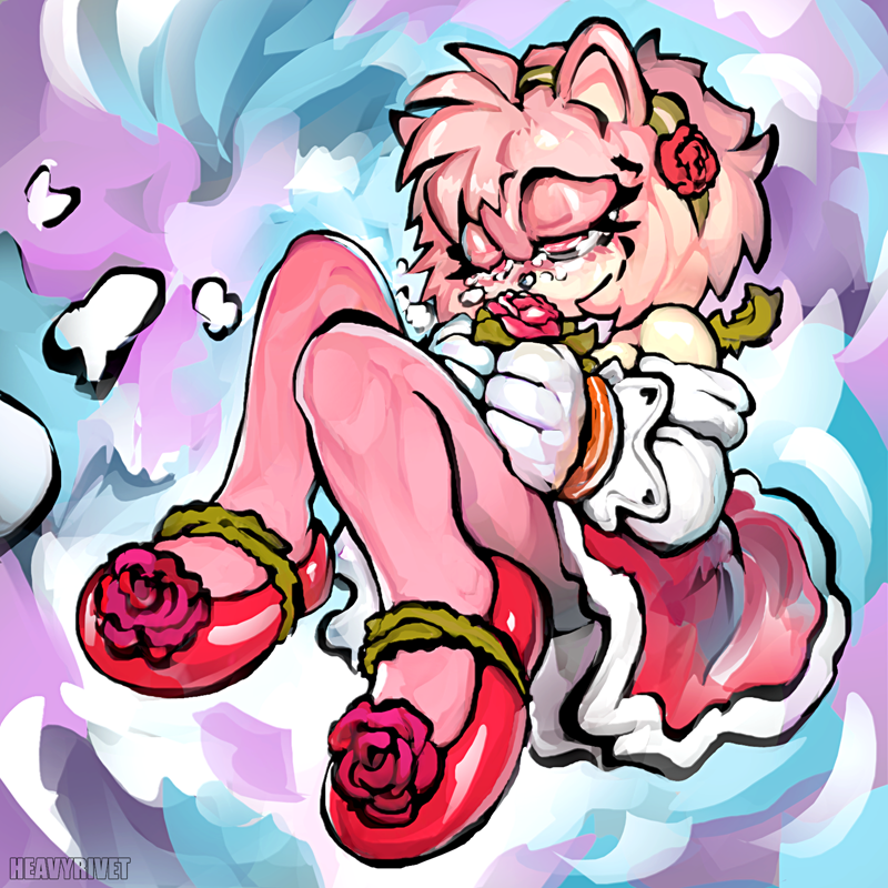 anthro armwear bare_legs bodily_fluids clothed clothing elbow_gloves female floating floral_clothing flower footwear gloves hair handwear holding_flower holding_object hologram messy_hair pink_hair plant rose_(flower) shoes slippers tears weightlessness heavyrivet sega sonic_the_hedgehog_(series) amy_rose eulipotyphlan hedgehog mammal 1:1