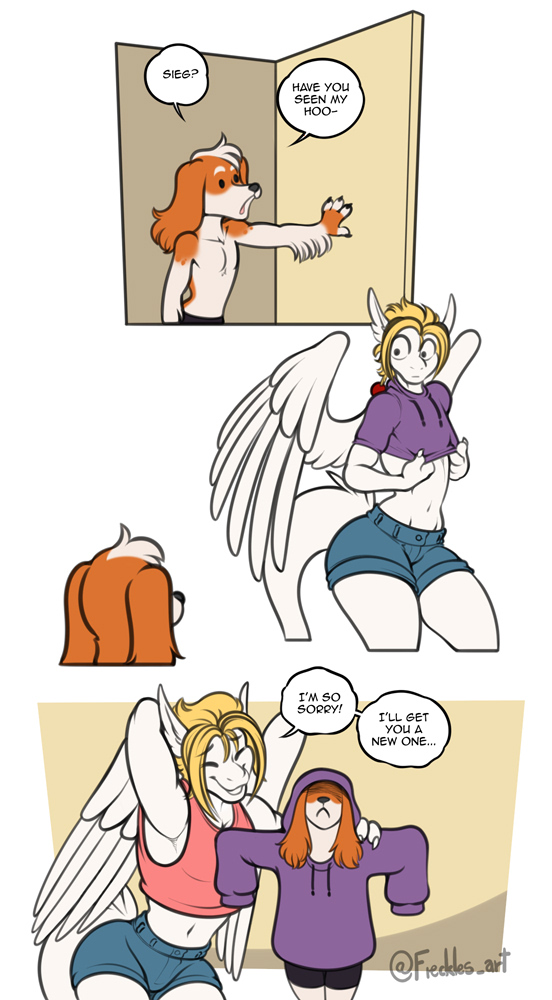 3_panel_comic anthro athletic_wear back_wings blonde_hair bottomwear clothing crop_top cropped_hoodie dialogue dialogue_box dot_eyes eyes_closed feathered_wings feathers floppy_ears fur gym_bottomwear gym_shorts hair hotpants humor orange_body orange_fur scales shirt shorts simple_background size_difference smile tail text topwear white_background white_body white_feathers white_fur white_hair white_scales wide_eyed wings freckles_(artist) mythology pecas_(freckles) siegfried angel_dragon bird_dog canid canine canis domestic_dog dragon hunting_dog mammal mythological_creature mythological_scalie scalie spaniel welsh_springer_spaniel 2022 comic english_text